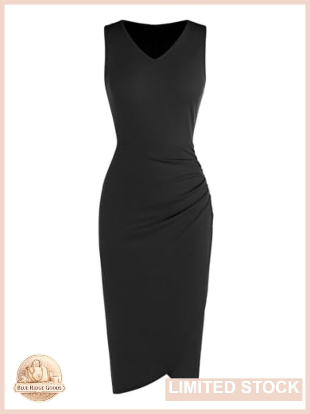 V-Neck Ruched Bodycon Midi Dress Sleeveless Side Slit Cocktail Wedding Guest